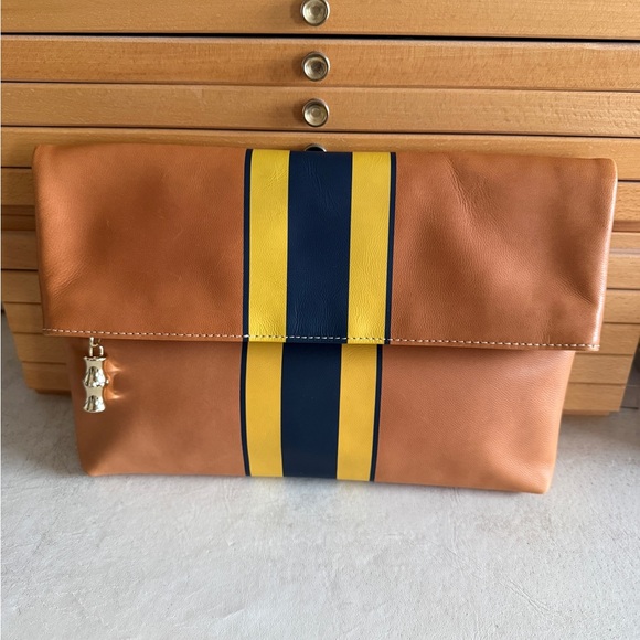 J. McLaughlin Leather Fold-Over Clutch Bag w/Navy & Yellow Stripe Brown Leather